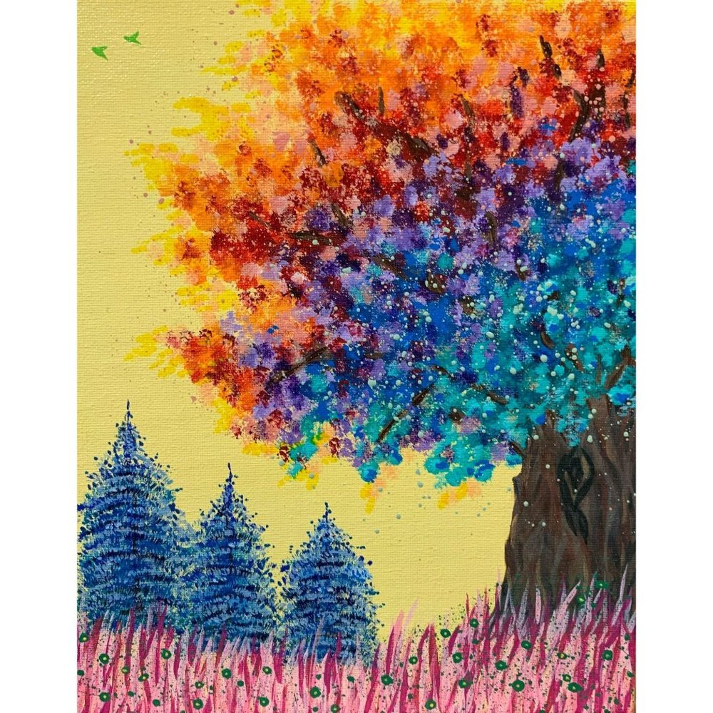 Trees in a Field of Flowers II Original Acrylic Painting, Beautiful Sharp Colors